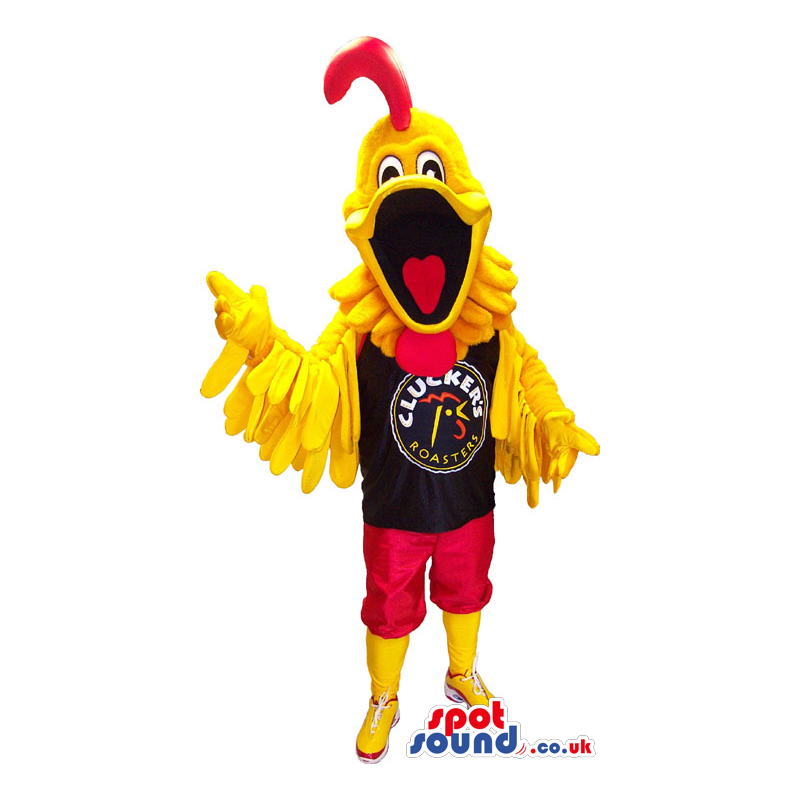 Customizable Yellow And Red Rooster Animal Mascot Wearing