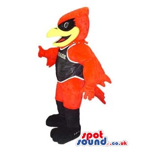 Customizable Red And Black Bird Mascot Wearing Black Clothes -