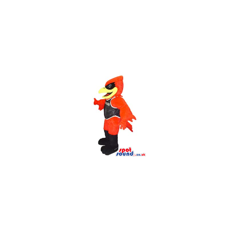 Customizable Red And Black Bird Mascot Wearing Black Clothes -
