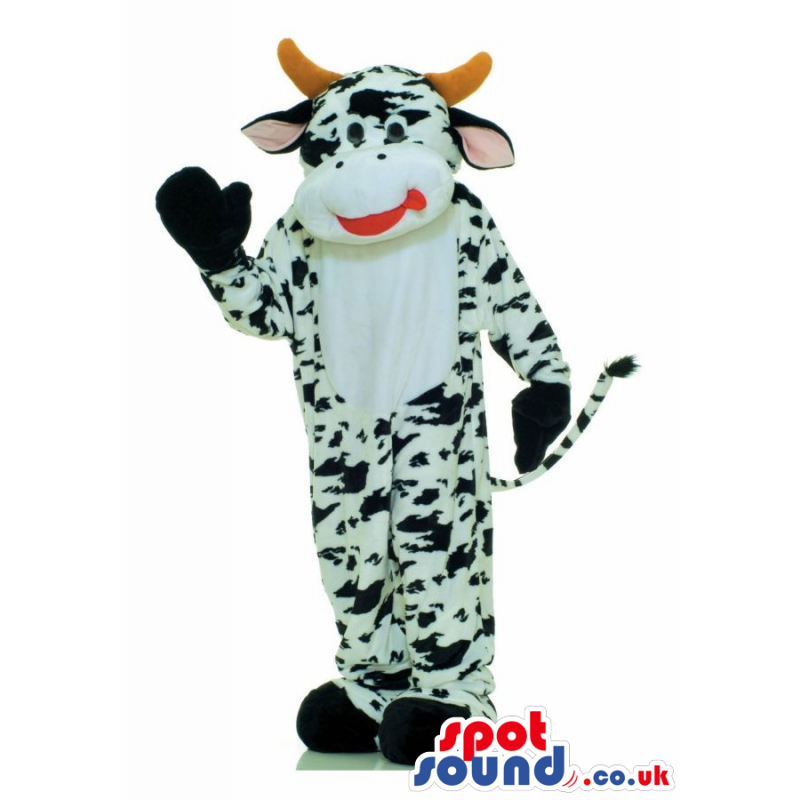 Customizable Black And White Cow Animal Mascot With Horns -