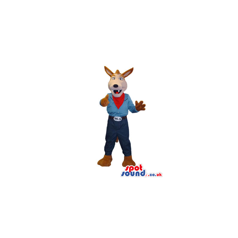 Brown Fox Animal Mascot Wearing Cowboy Garments And Neck Scarf
