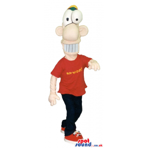 Long-Faced Funny Boy Mascot Wearing A T-Shirt, Sneakers And A