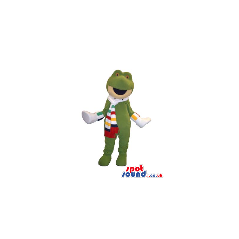 Green Frog Animal Mascot Wearing A Striped Scarf And Shoes -