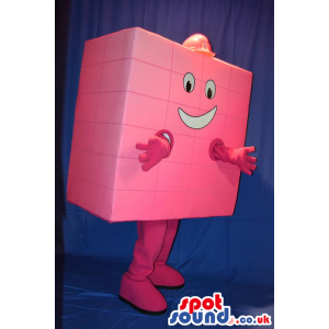 Funny Pink Square Brick Mascot Wearing A Red Helmet - Custom