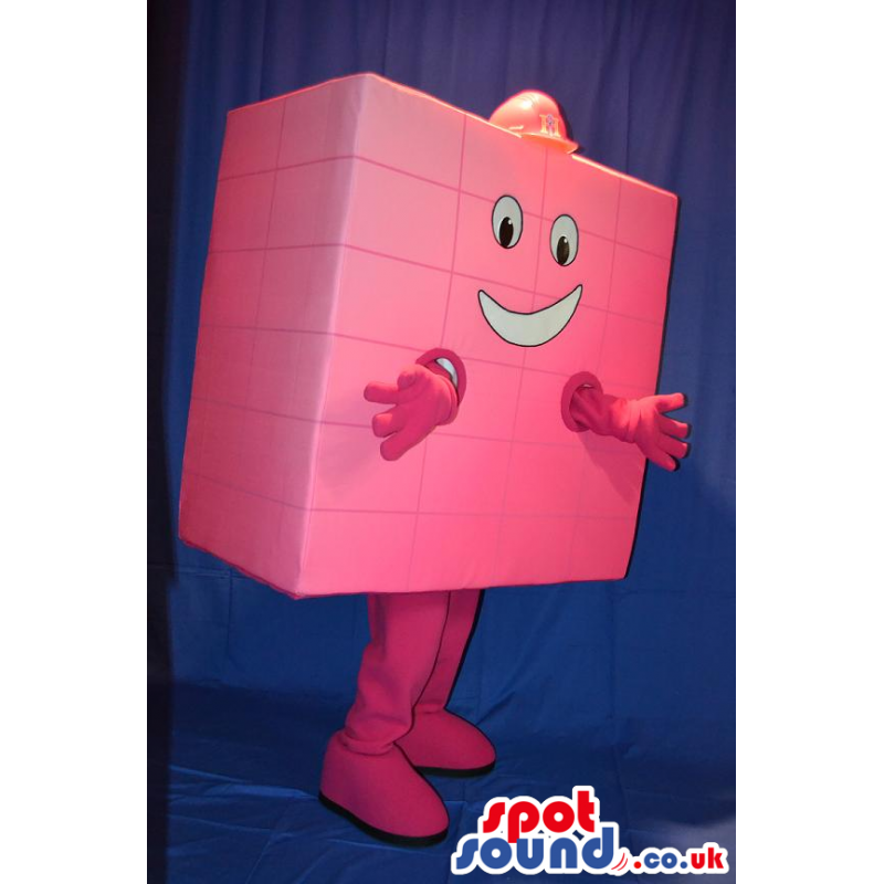 Funny Pink Square Brick Mascot Wearing A Red Helmet - Custom