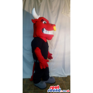 Red Bull Animal Mascot Wearing Black Clothes With Nose Ring -