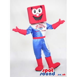 Red Square Head Mascot Wearing Formula 1 Clothes And Boots -