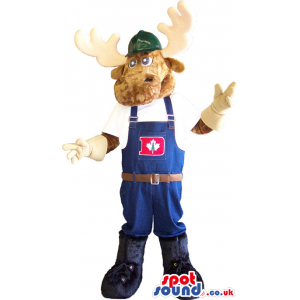 Deer Animal Mascot Wearing Worked Overalls With A Letter -