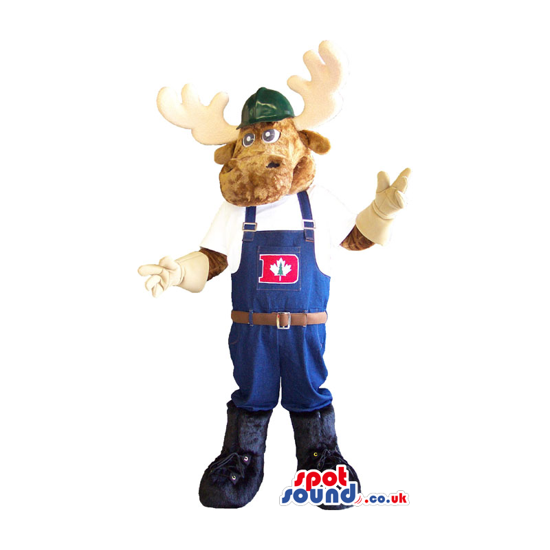 Deer Animal Mascot Wearing Worked Overalls With A Letter -