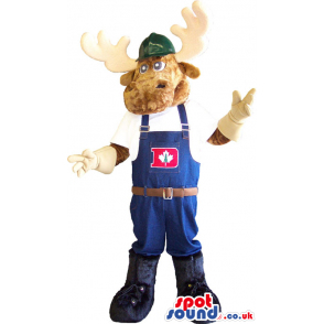 Deer Animal Mascot Wearing Worked Overalls With A Letter -