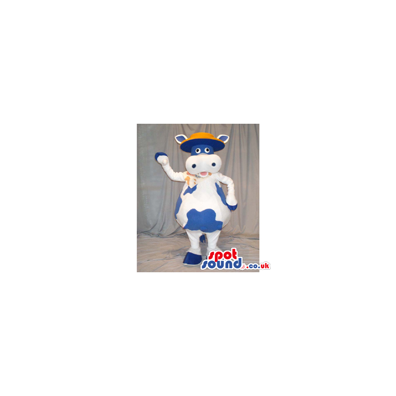 Blue And White Cow Animal Mascot Wearing A Flat Hat - Custom