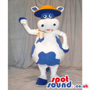 Blue And White Cow Animal Mascot Wearing A Flat Hat - Custom