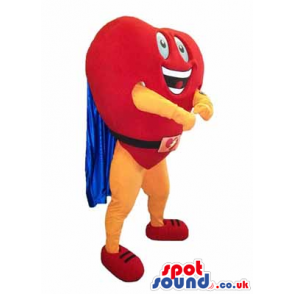 Funny Red Heart Mascot Wearing A Blue Cape And A Belt - Custom