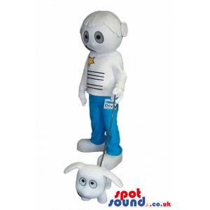 White Futuristic Girl Mascot Wearing Blue Pants Walking A Dog -