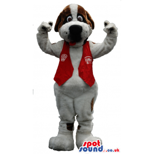 White Dog Mascot With Brown Spots Wearing A Red Vest - Custom
