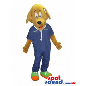 Brown Dog Animal Mascot Wearing Vet Doctor Clothes And Gadgets