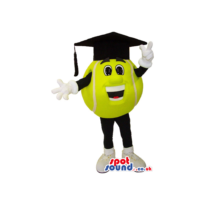 Yellow Tennis Ball Mascot Wearing A Black Graduation Cap -