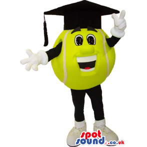 Yellow Tennis Ball Mascot Wearing A Black Graduation Cap -