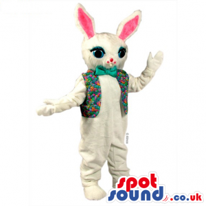 White Rabbit Animal Mascot Wearing A Vest And A Green Bow Tie -