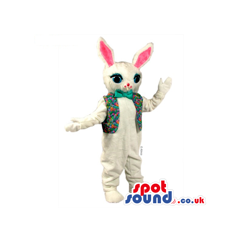 White Rabbit Animal Mascot Wearing A Vest And A Green Bow Tie -