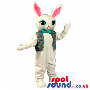 White Rabbit Animal Mascot Wearing A Vest And A Green Bow Tie -
