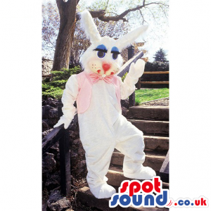 White Rabbit Animal Mascot Wearing A Pink Vest And Bow Tie -