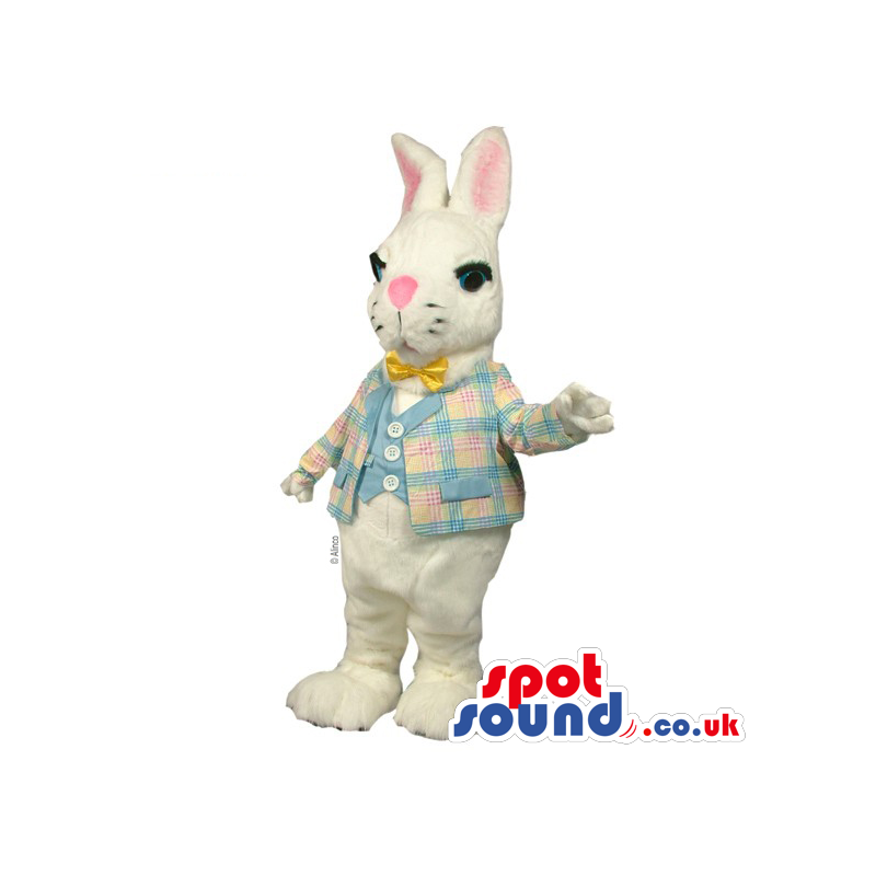 White Rabbit Mascot Wearing An Elegant Jacket, Vest And Bow Tie