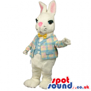 White Rabbit Mascot Wearing An Elegant Jacket, Vest And Bow Tie