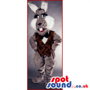 Grey Rabbit Mascot Wearing An Elegant Vest And Bow Tie - Custom