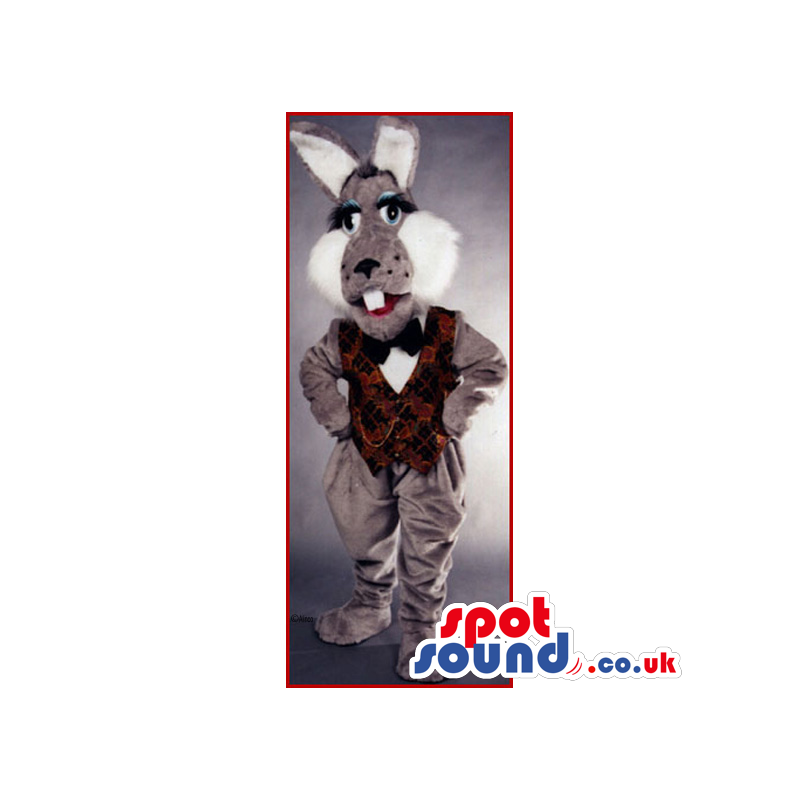 Grey Rabbit Mascot Wearing An Elegant Vest And Bow Tie - Custom