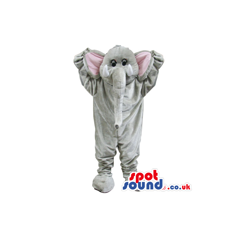 Grey Elephant Animal Mascot With Long Trunk And Pink Ears -