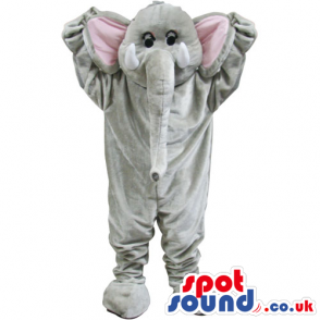 Grey Elephant Animal Mascot With Long Trunk And Pink Ears -