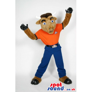 Brown Bull Mascot Wearing A T-Shirt And Pants With Nose Ring -