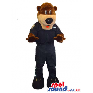 Brown Bear Animal Mascot Wearing Black Clothes And Boots -