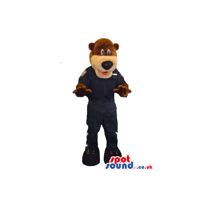 Brown Bear Animal Mascot Wearing Black Clothes And Boots -