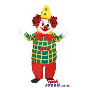 Joker mascot in red pants and in blue shirts with yellow stripe