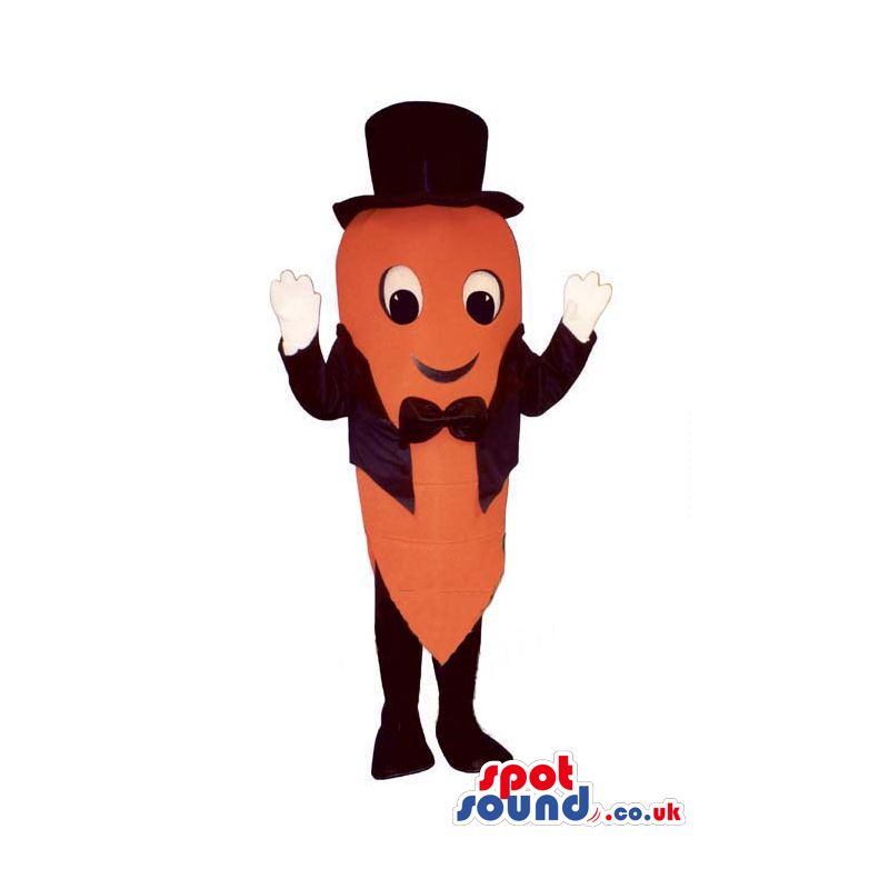 Carrot Vegetable Mascot Wearing A Black Smoking And Top Hat -