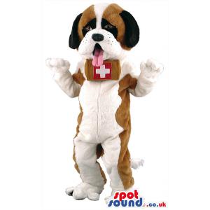 White brown dog  mascot caries first aid box on his neck.