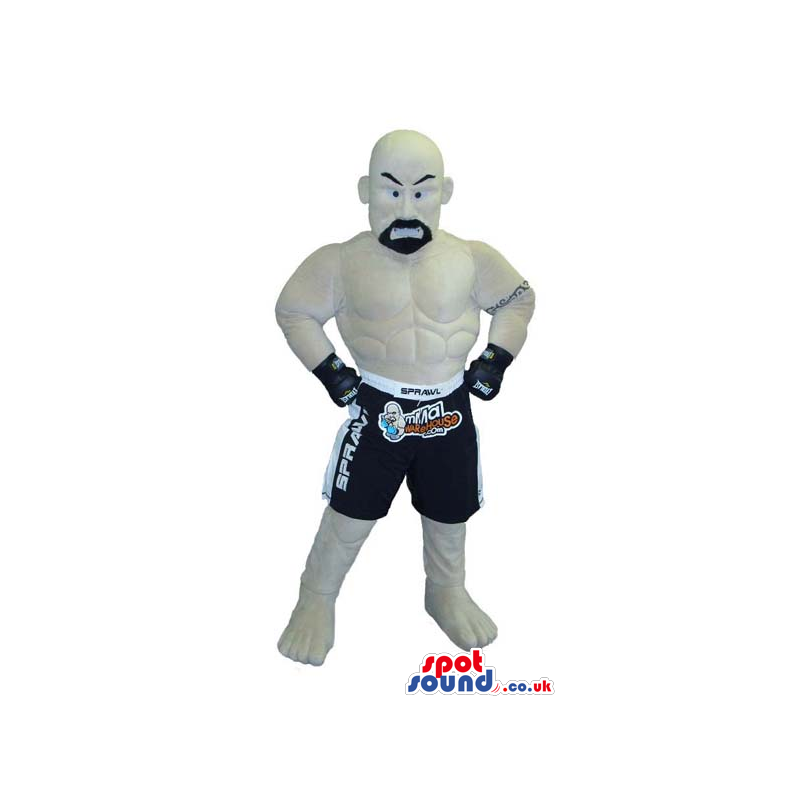 Human Mascot With Bold Head And Beard Wearing Wrestling Clothes