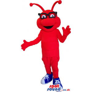 Customizable Red Bug Mascot Wearing Black Glasses And Sneakers