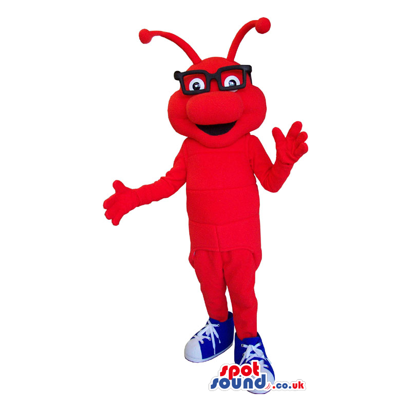 Customizable Red Bug Mascot Wearing Black Glasses And Sneakers