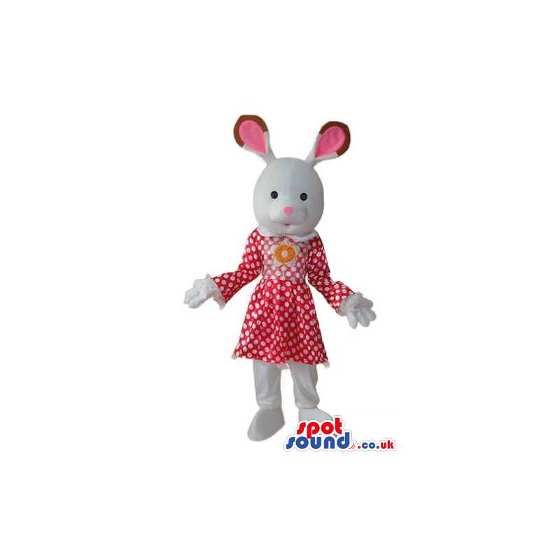 White Cute Girl Bunny Mascot Wearing A Dress With Dots - Custom