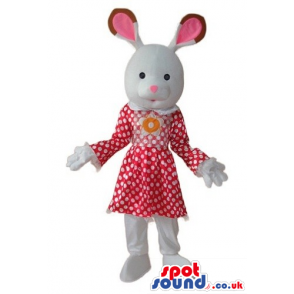 White Cute Girl Bunny Mascot Wearing A Dress With Dots - Custom