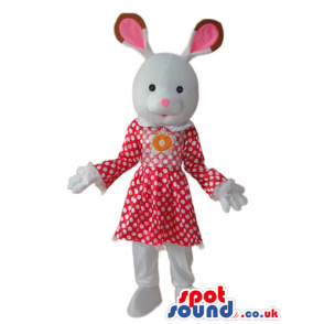 White Cute Girl Bunny Mascot Wearing A Dress With Dots - Custom
