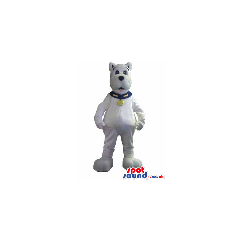 Plain White Dog Animal Mascot Wearing A Collar And Name Tag -