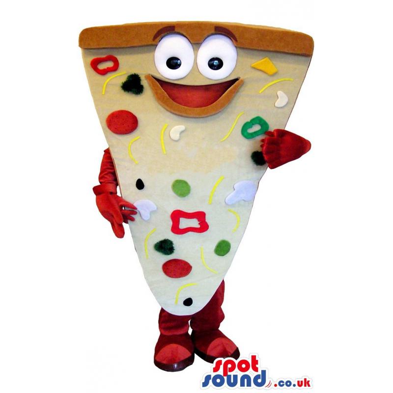 Pizza mascot who is deliciously standing with a piece of pizza