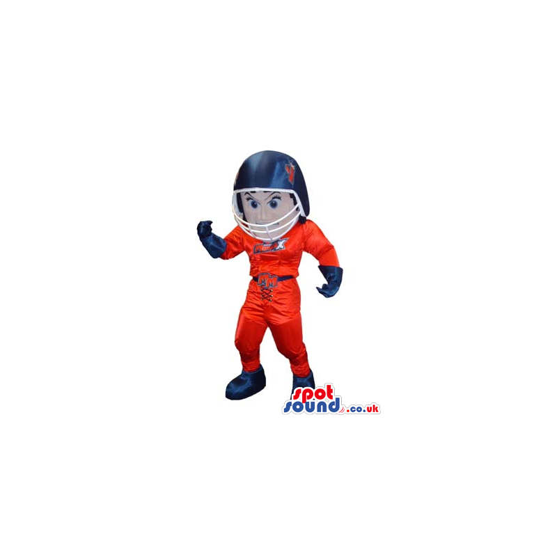 Human Mascot Wearing Red And Blue American Football Garments -