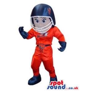 Human Mascot Wearing Red And Blue American Football Garments -