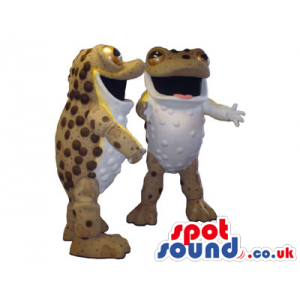 A Couple Of Frog Animal Mascots In White And Brown With Spots -