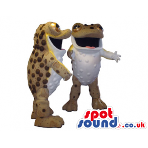 A Couple Of Frog Animal Mascots In White And Brown With Spots -